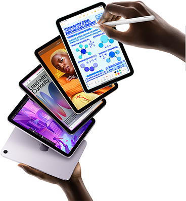 Five iPad mini models are shown in a fan formation held by a user’s hands. One model shows the back camera, the other four are front facing. Apple Pencil Pro is being used to take notes