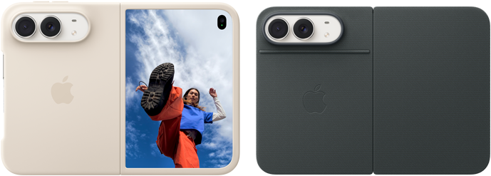 iPhone Duo, Star White colour in Sand Silicone Case, landscape orientation, fully opened horizontally, Dual Fusion cameras on the top left, case covers the back exterior and outer edge of the front display, right side features portrait of person on outer display. iPhone iPhone Duo, Star White colour in Navy Blue Folio, back exterior featuring the 48MP Dual Fusion rear cameras, two lenses