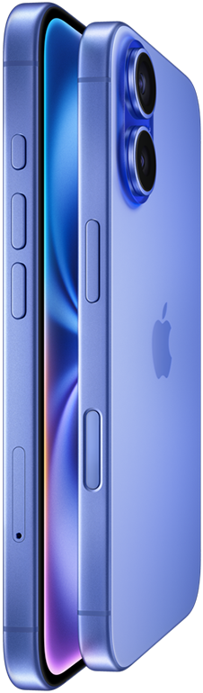 Two iPhone 16 devices, side exterior, stacked facing each other in Ultramarine finishes, volume buttons, Action button, Side button, Camera Control button, Apple logo in centre, raised Advanced dual-camera system